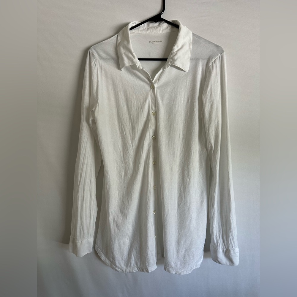 EILEEN FISHER Top M Organic Cotton Bias Knit Jersey Shirt Button Up White